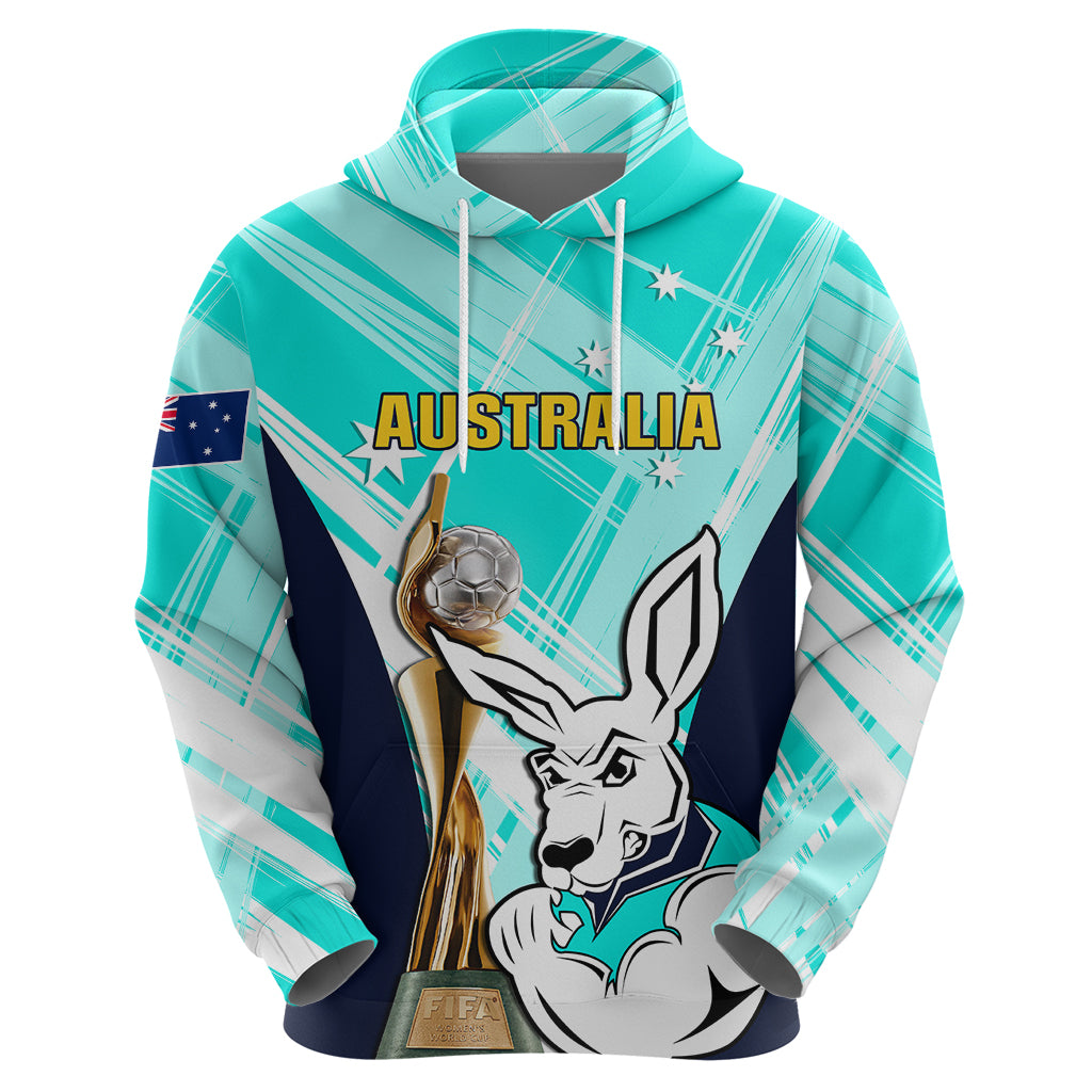 Australia Soccer Hoodie Matildas Kangaroo With World Cup Trophy 2023 Turquoise Version LT01
