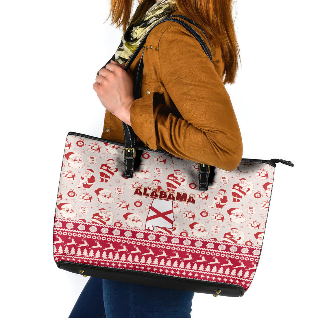 Custom Alabama Christmas Leather Tote Bag Santa Claus Xmas Pattern LT01