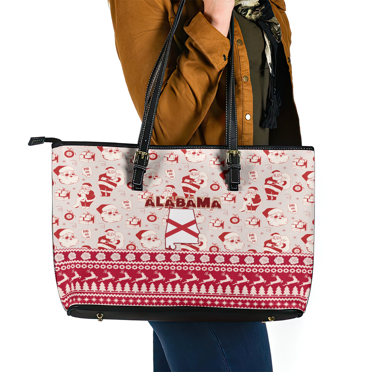 Custom Alabama Christmas Leather Tote Bag Santa Claus Xmas Pattern LT01