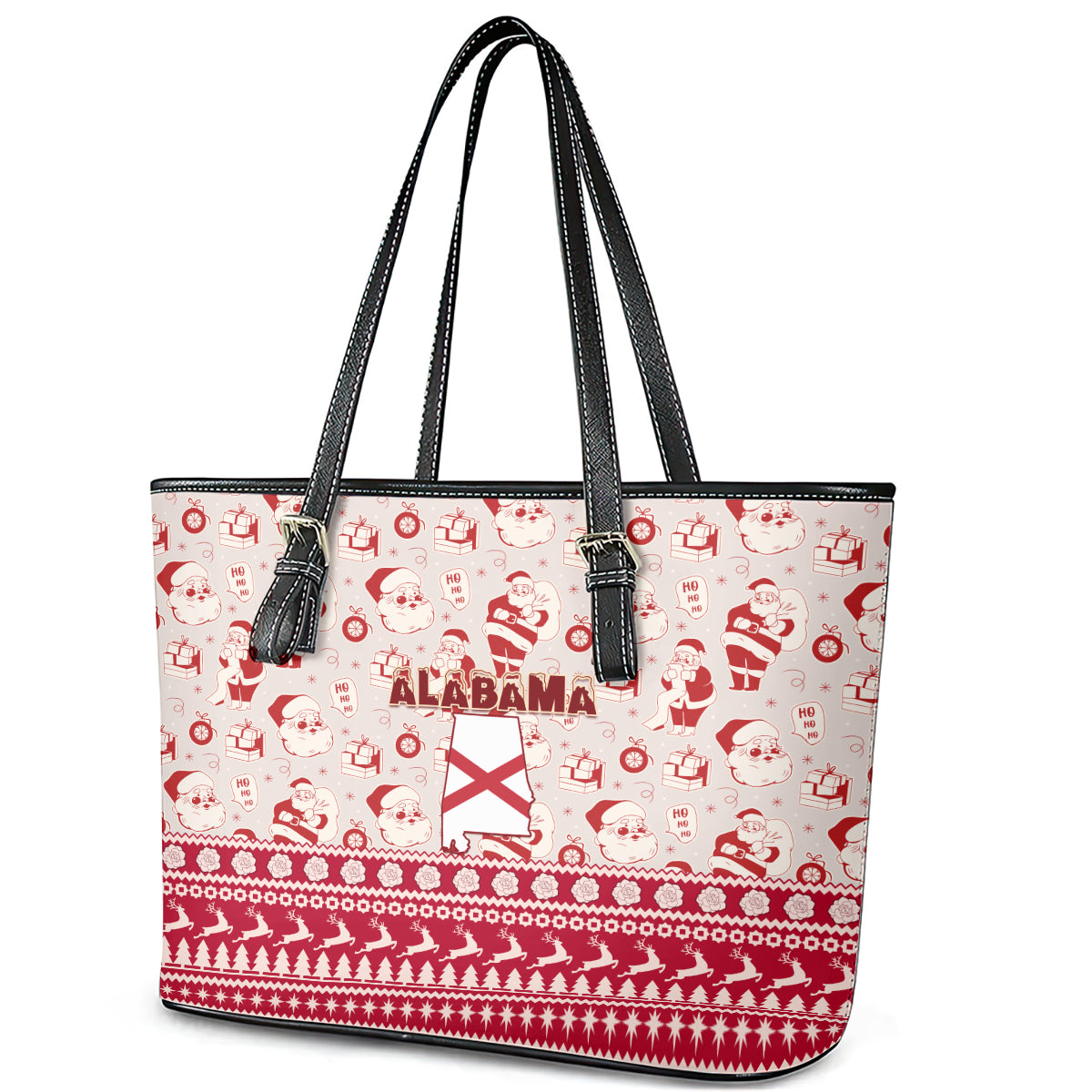 Custom Alabama Christmas Leather Tote Bag Santa Claus Xmas Pattern LT01