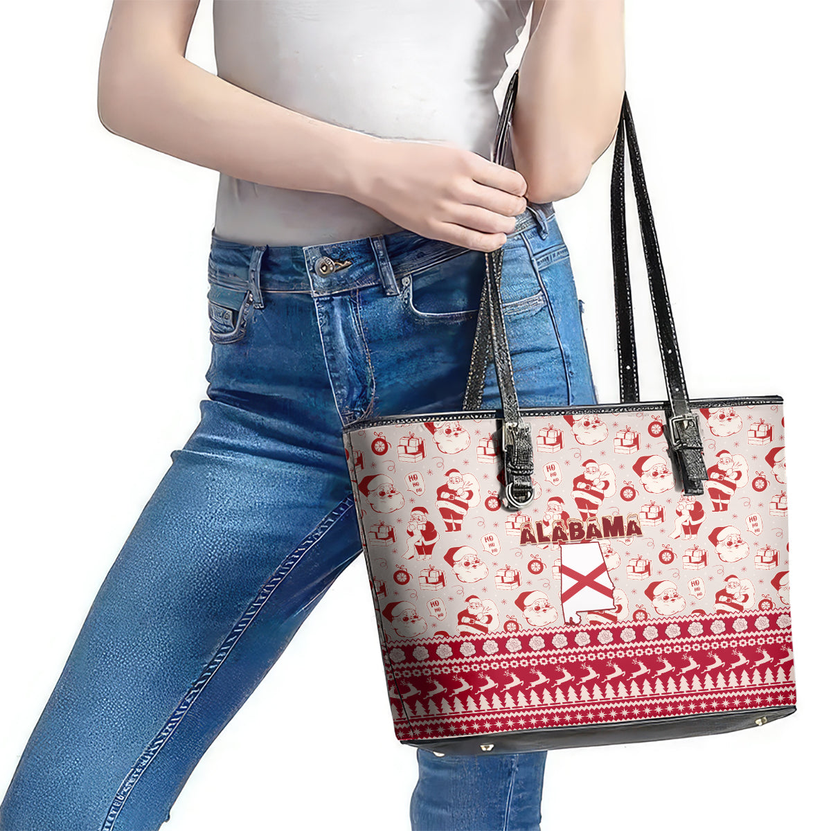 Custom Alabama Christmas Leather Tote Bag Santa Claus Xmas Pattern LT01