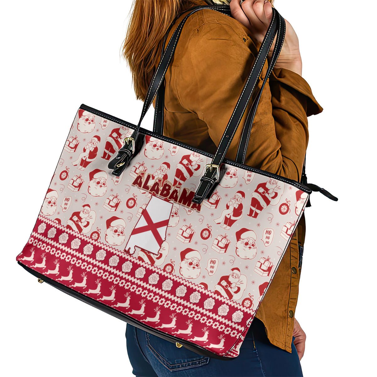 Custom Alabama Christmas Leather Tote Bag Santa Claus Xmas Pattern LT01