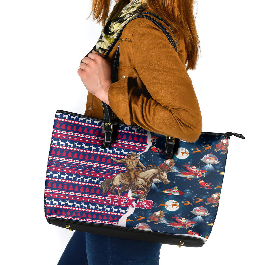 Custom Texas Christmas Leather Tote Bag Cowboy With Santa Claus In Space LT01