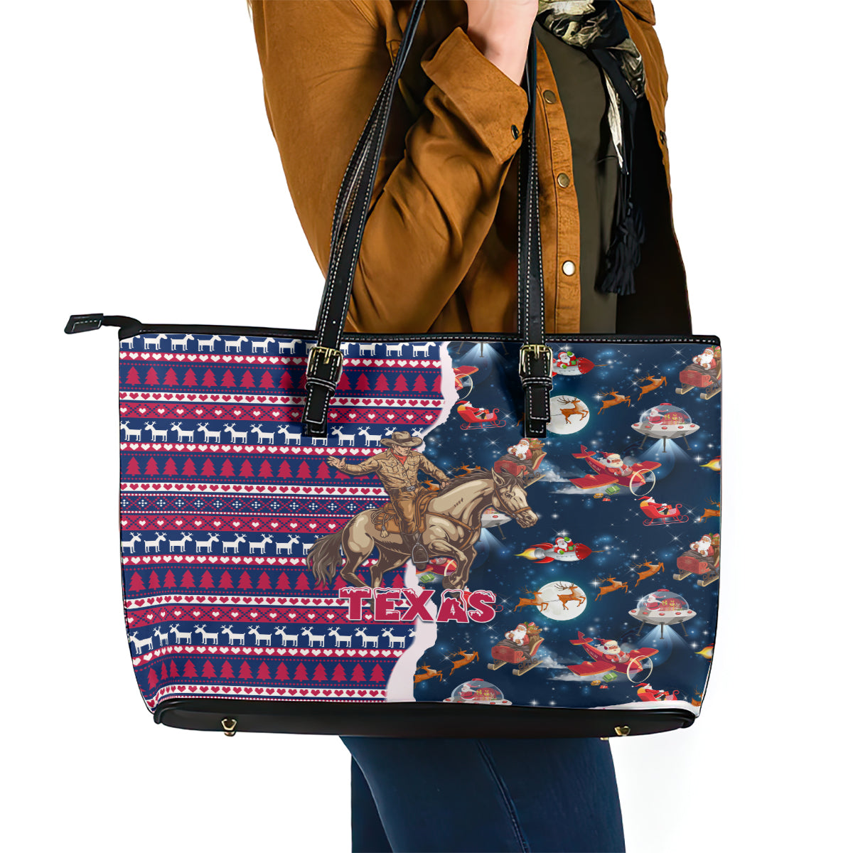 Custom Texas Christmas Leather Tote Bag Cowboy With Santa Claus In Space LT01