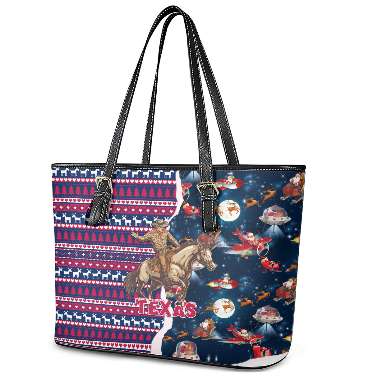 Custom Texas Christmas Leather Tote Bag Cowboy With Santa Claus In Space LT01