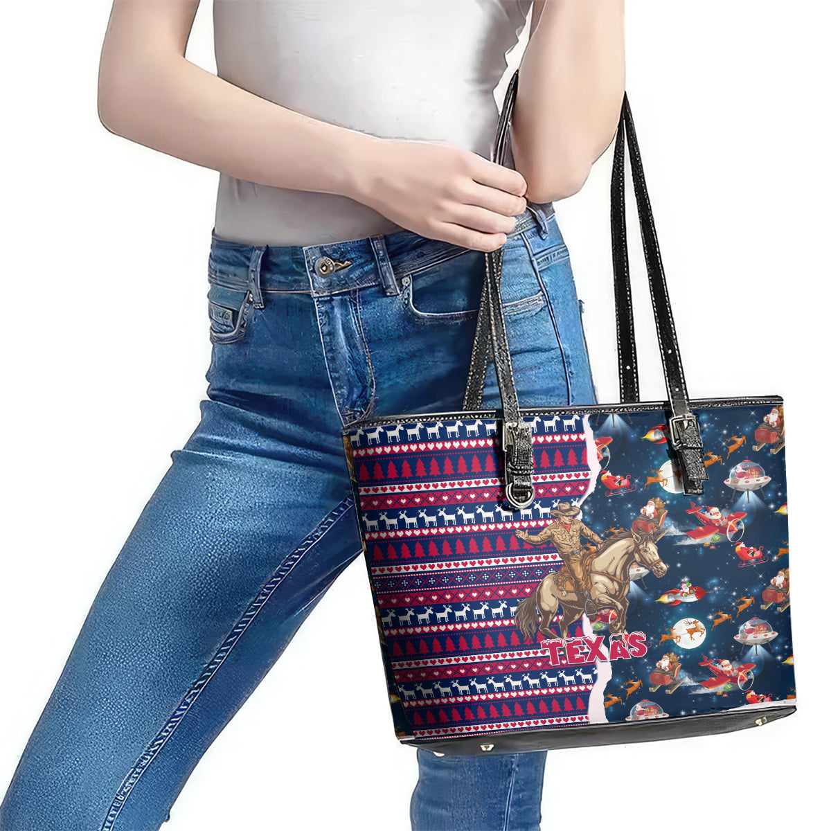 Custom Texas Christmas Leather Tote Bag Cowboy With Santa Claus In Space LT01