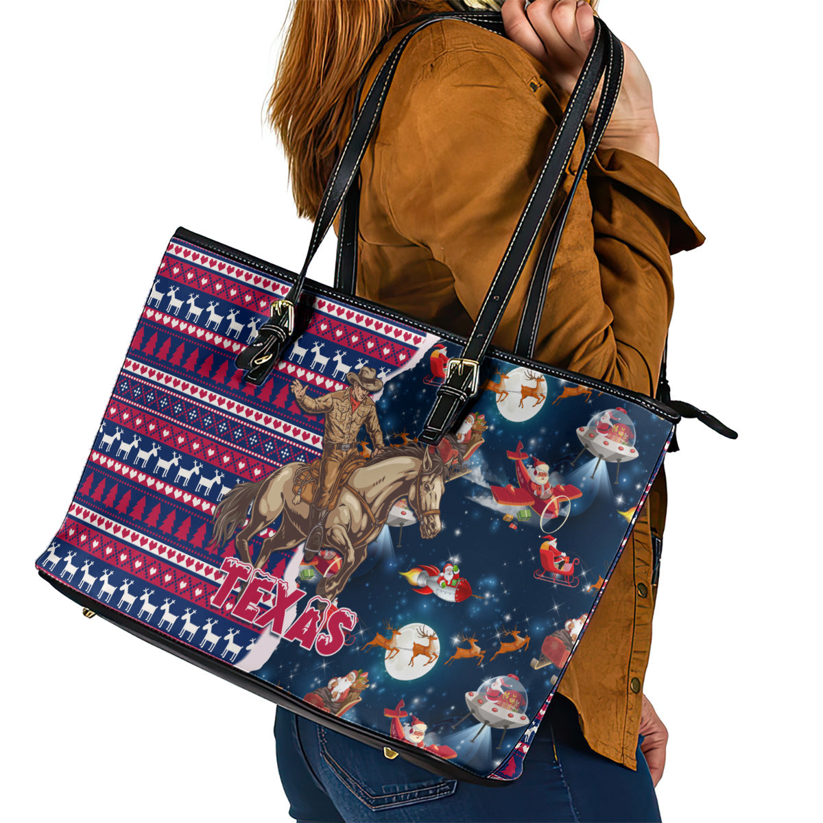 Custom Texas Christmas Leather Tote Bag Cowboy With Santa Claus In Space LT01