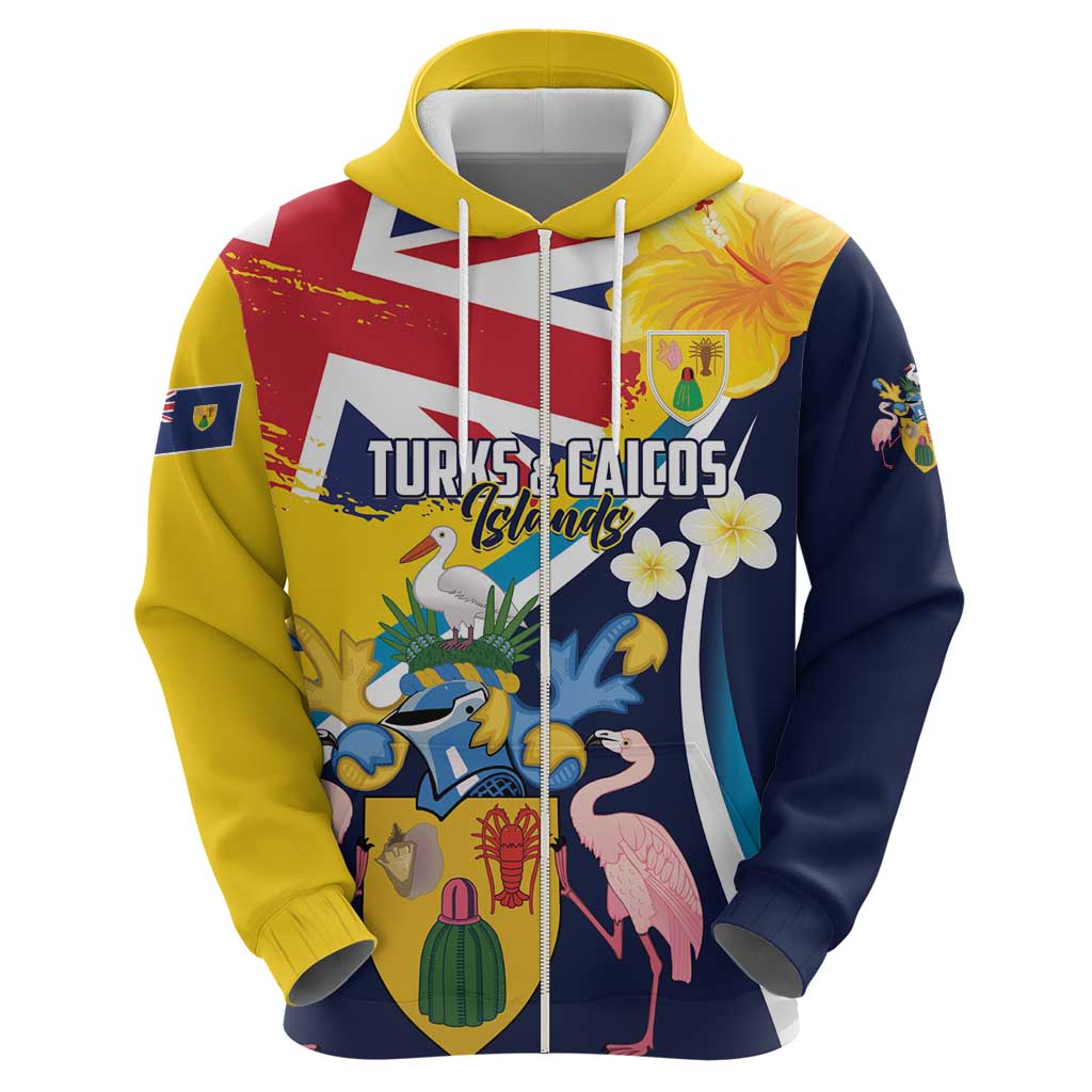 Personalised Turks and Caicos Islands Hoodie Coat Of Arms Tropical Flowers LT01