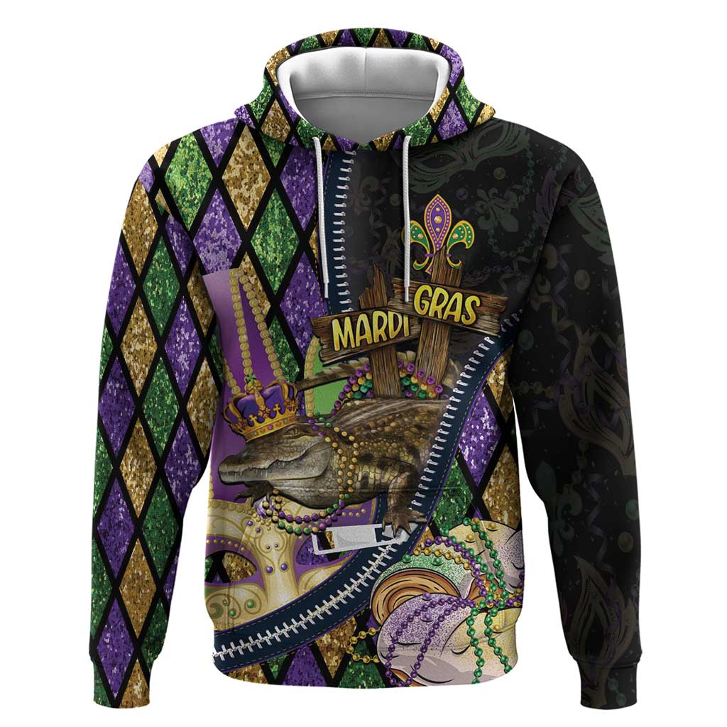 Personalized Mardi Gras Alligator Hoodie Colorful Zipper Stylized LT01