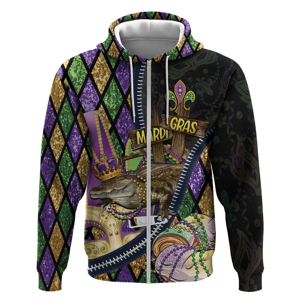 Personalized Mardi Gras Alligator Hoodie Colorful Zipper Stylized LT01