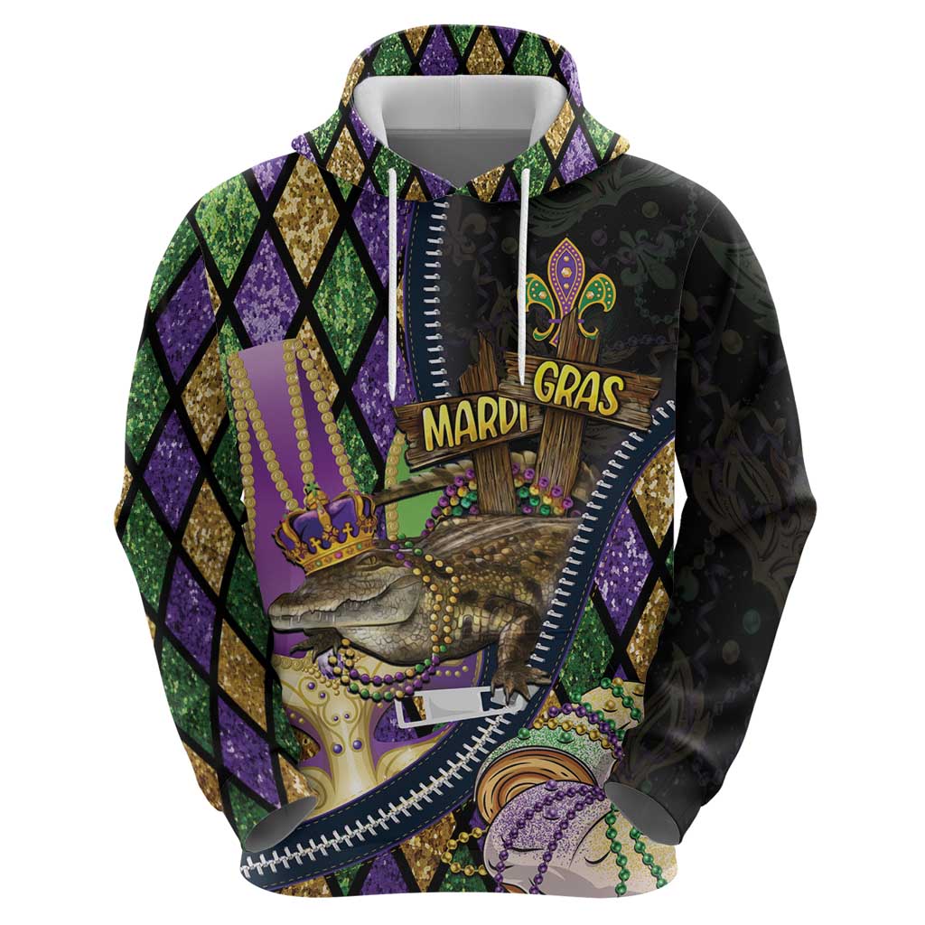 Personalized Mardi Gras Alligator Hoodie Colorful Zipper Stylized LT01