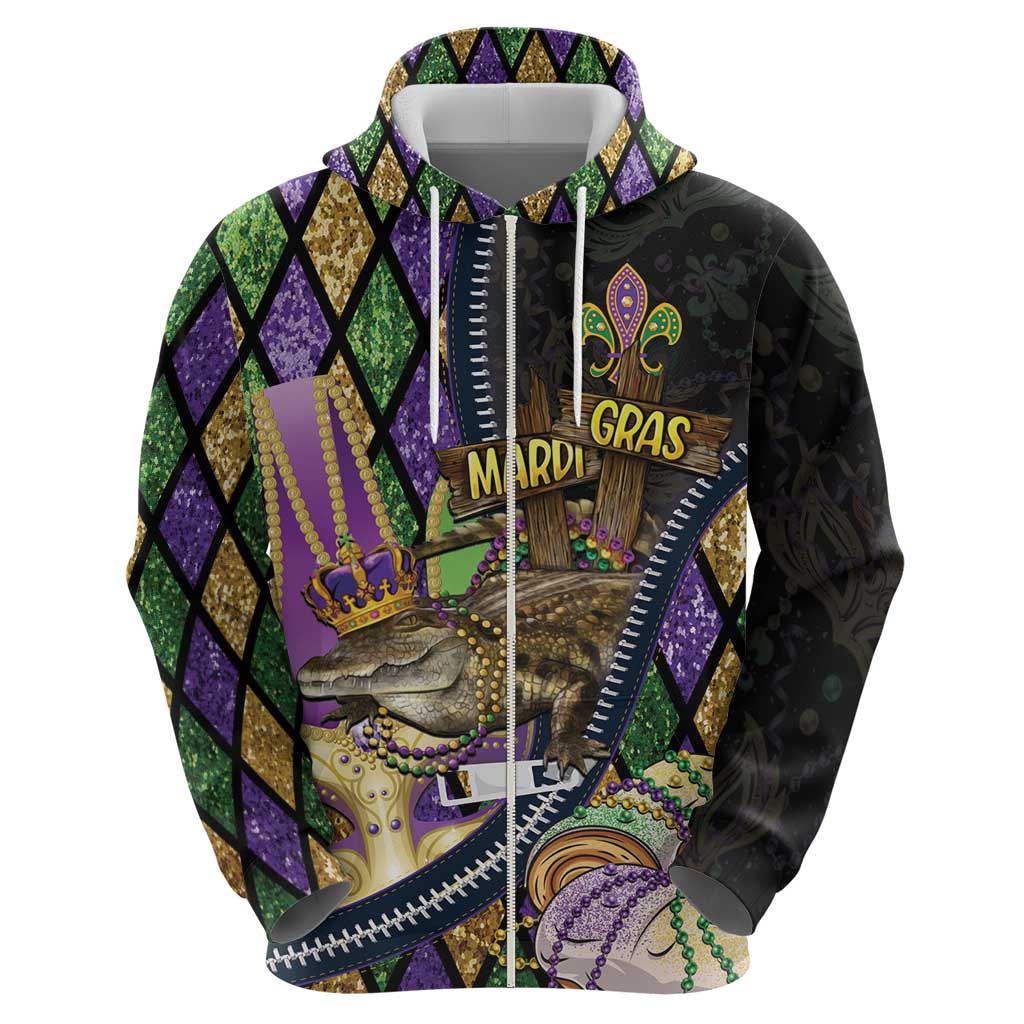 Personalized Mardi Gras Alligator Hoodie Colorful Zipper Stylized LT01