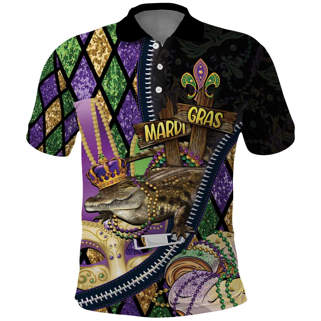 Personalized Mardi Gras Alligator Polo Shirt Colorful Zipper Stylized LT01