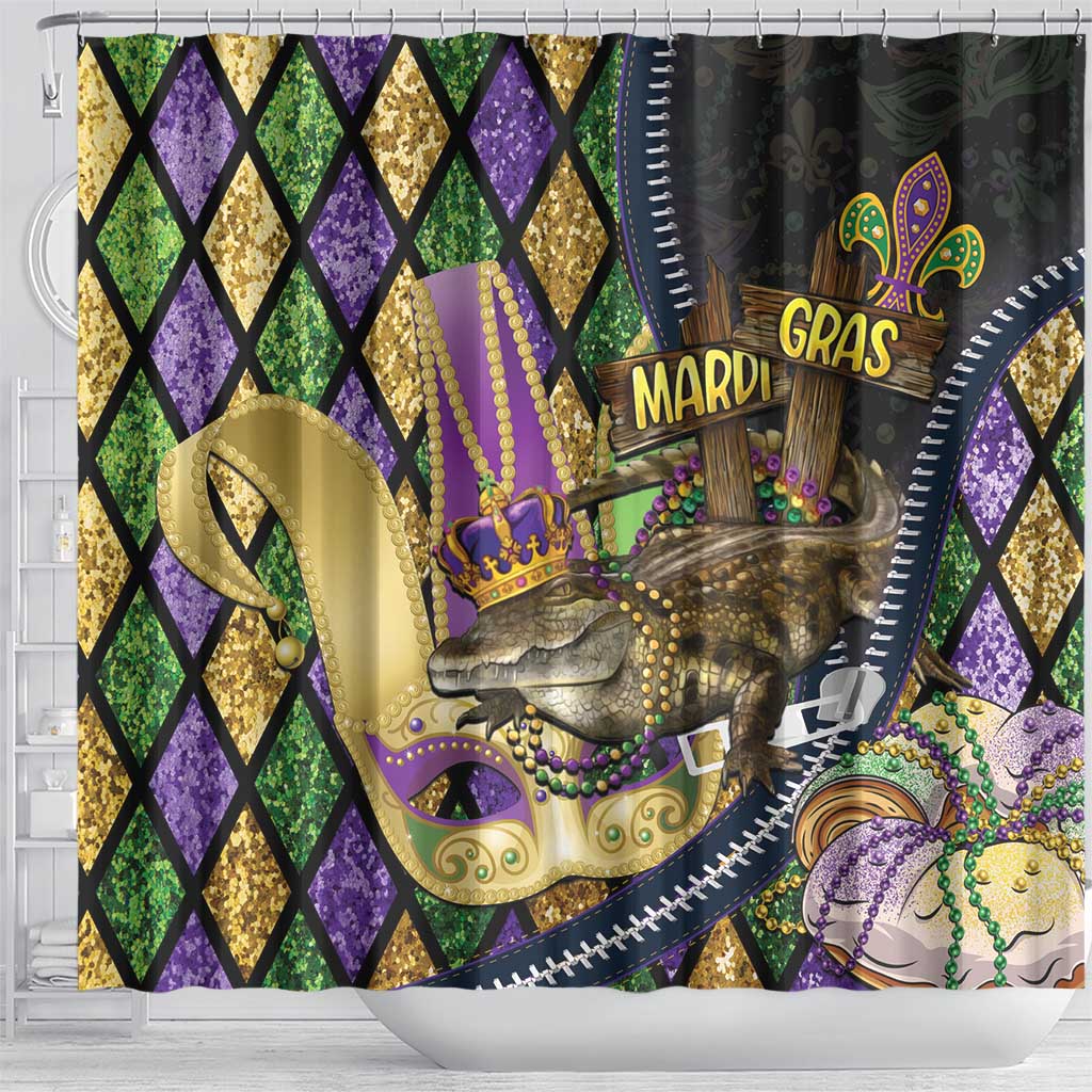 Mardi Gras Alligator Shower Curtain Colorful Zipper Stylized LT01