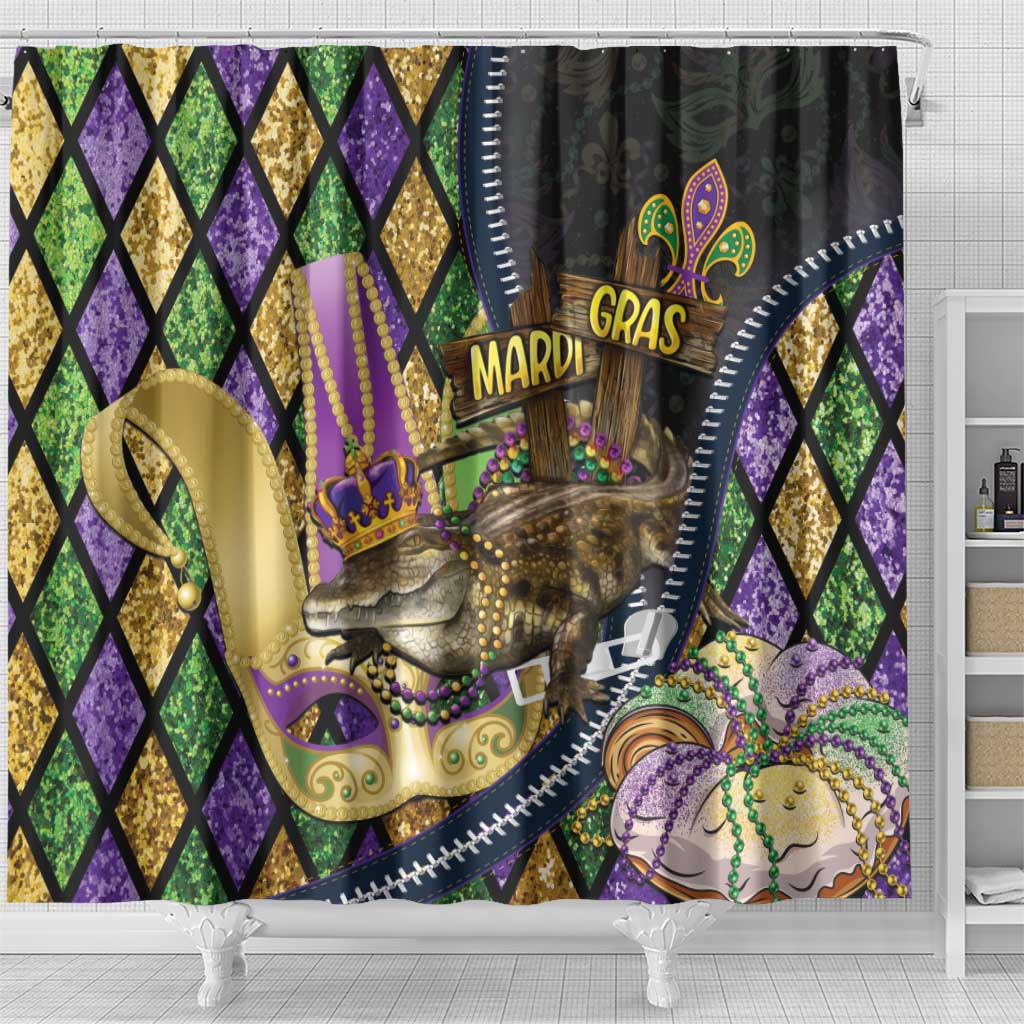 Mardi Gras Alligator Shower Curtain Colorful Zipper Stylized LT01