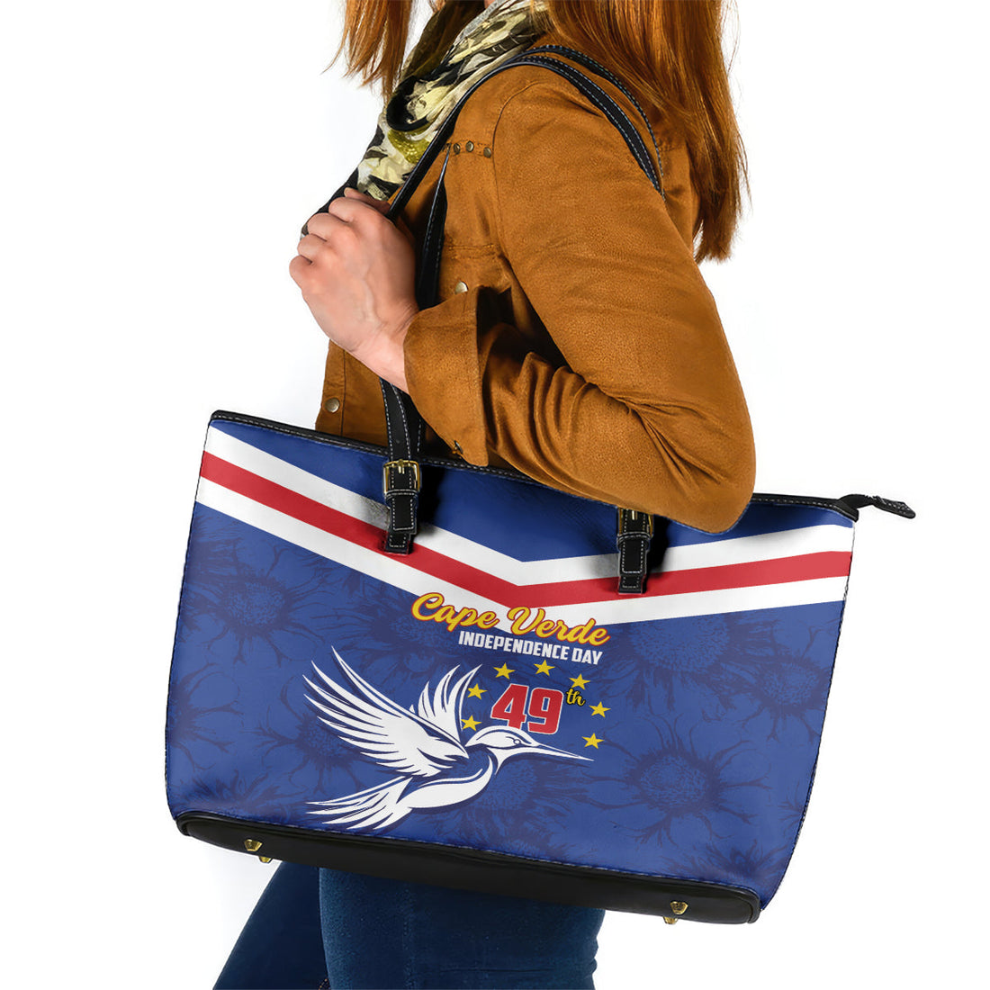 Cape Verde Independence Day Leather Tote Bag Gerbera Daisy Pattern LT01