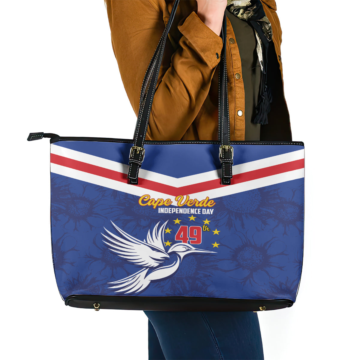 Cape Verde Independence Day Leather Tote Bag Gerbera Daisy Pattern LT01