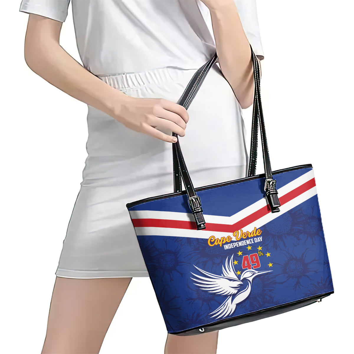 Cape Verde Independence Day Leather Tote Bag Gerbera Daisy Pattern LT01