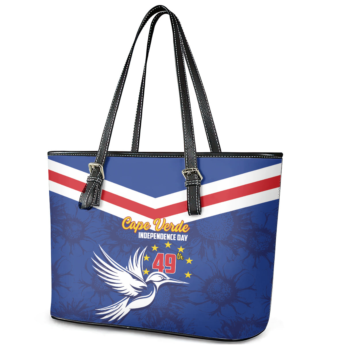 Cape Verde Independence Day Leather Tote Bag Gerbera Daisy Pattern LT01