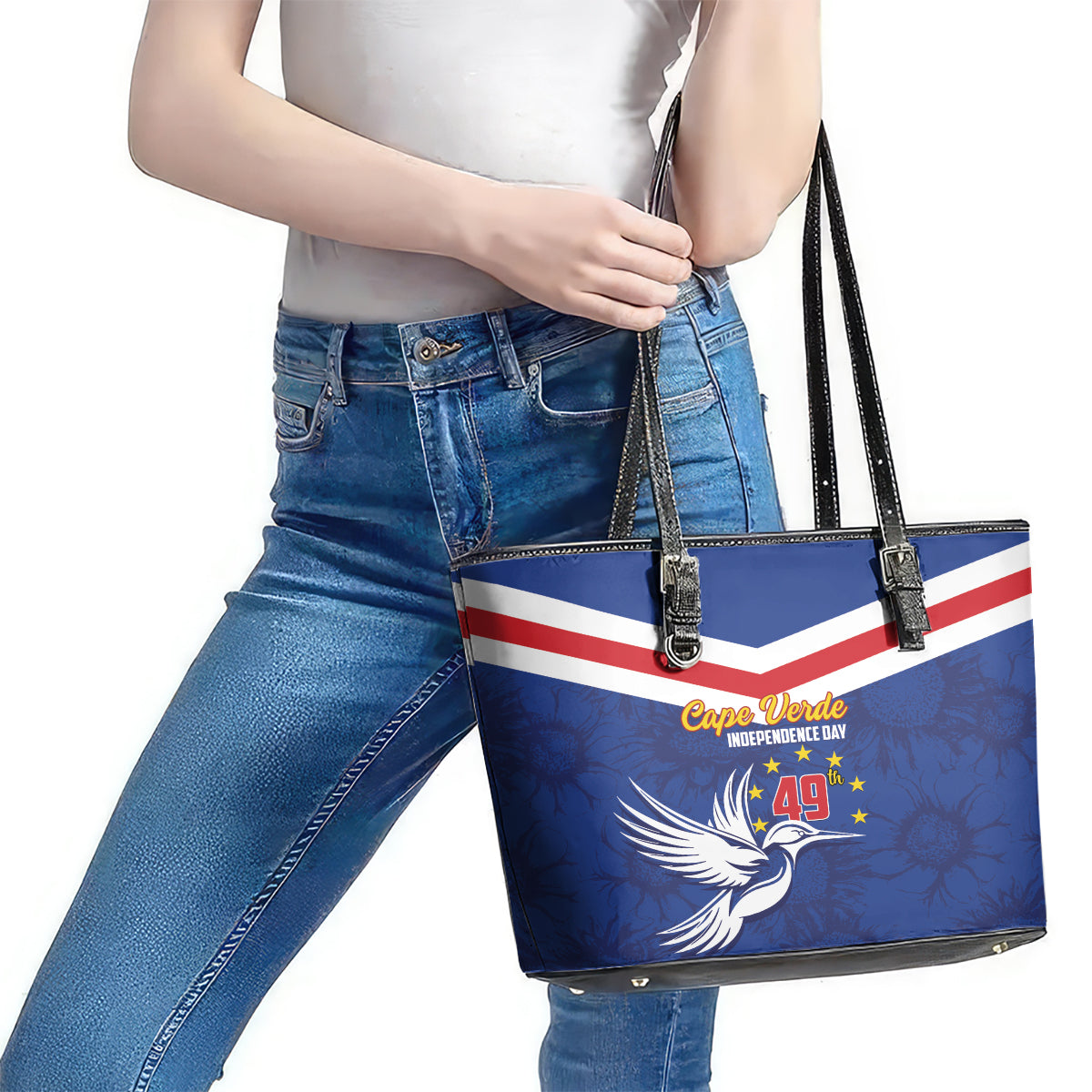 Cape Verde Independence Day Leather Tote Bag Gerbera Daisy Pattern LT01
