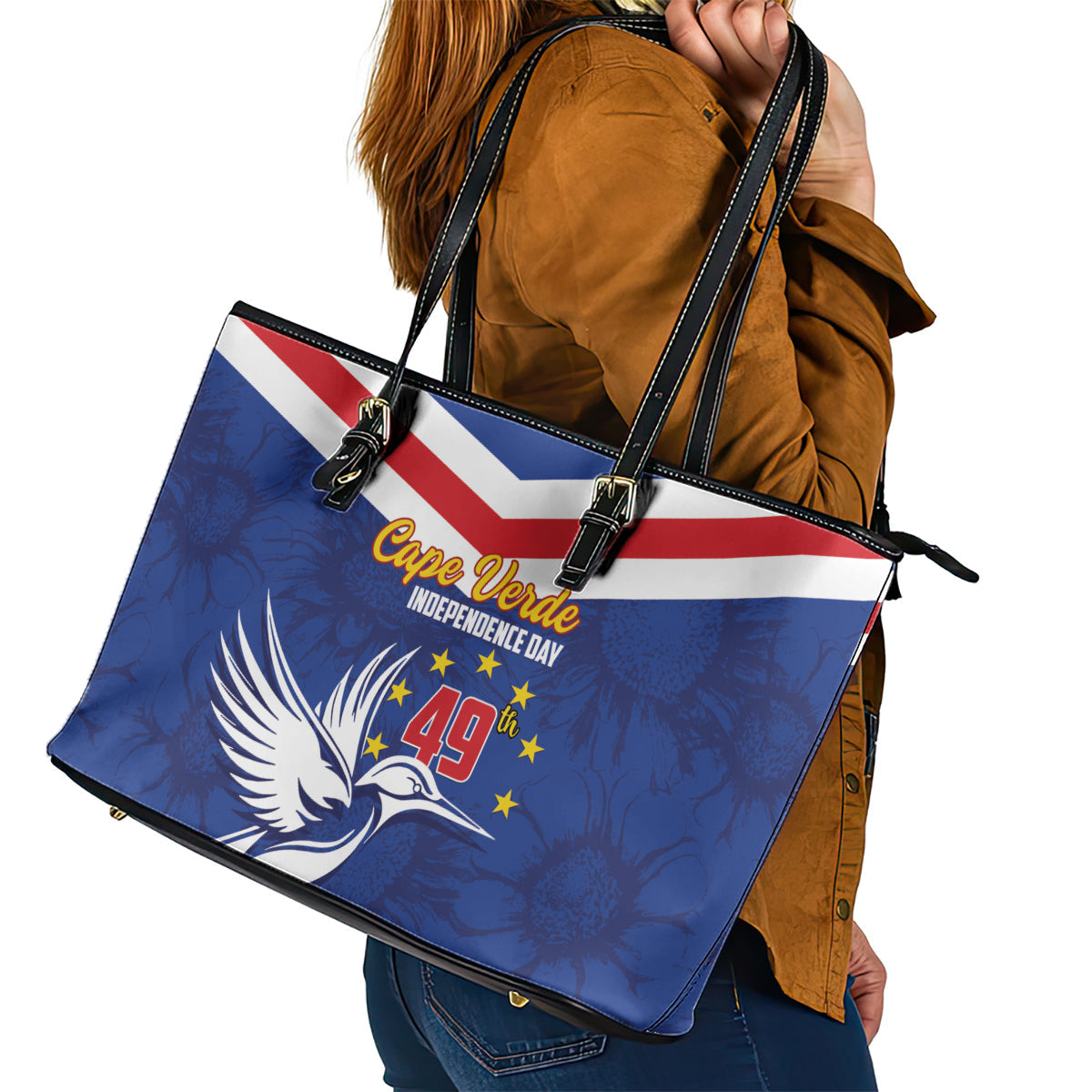 Cape Verde Independence Day Leather Tote Bag Gerbera Daisy Pattern LT01