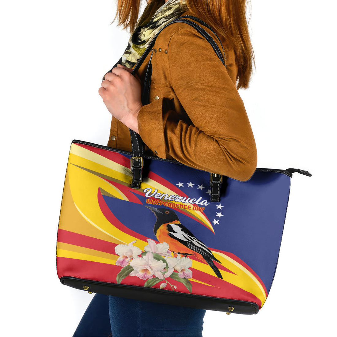 Venezuela Independence Day Leather Tote Bag Venezuelan Troupial Cattleya Mossiae LT01