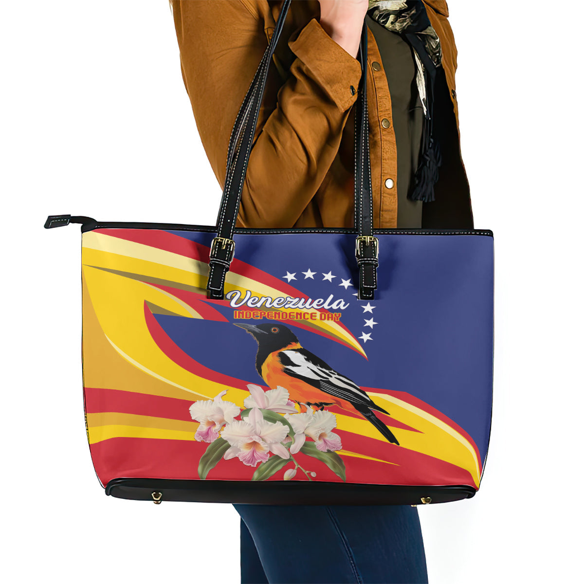 Venezuela Independence Day Leather Tote Bag Venezuelan Troupial Cattleya Mossiae LT01