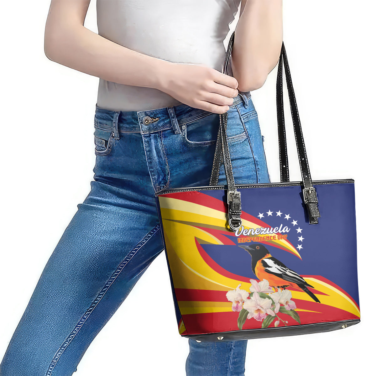 Venezuela Independence Day Leather Tote Bag Venezuelan Troupial Cattleya Mossiae LT01