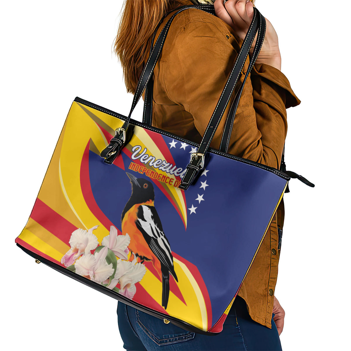 Venezuela Independence Day Leather Tote Bag Venezuelan Troupial Cattleya Mossiae LT01
