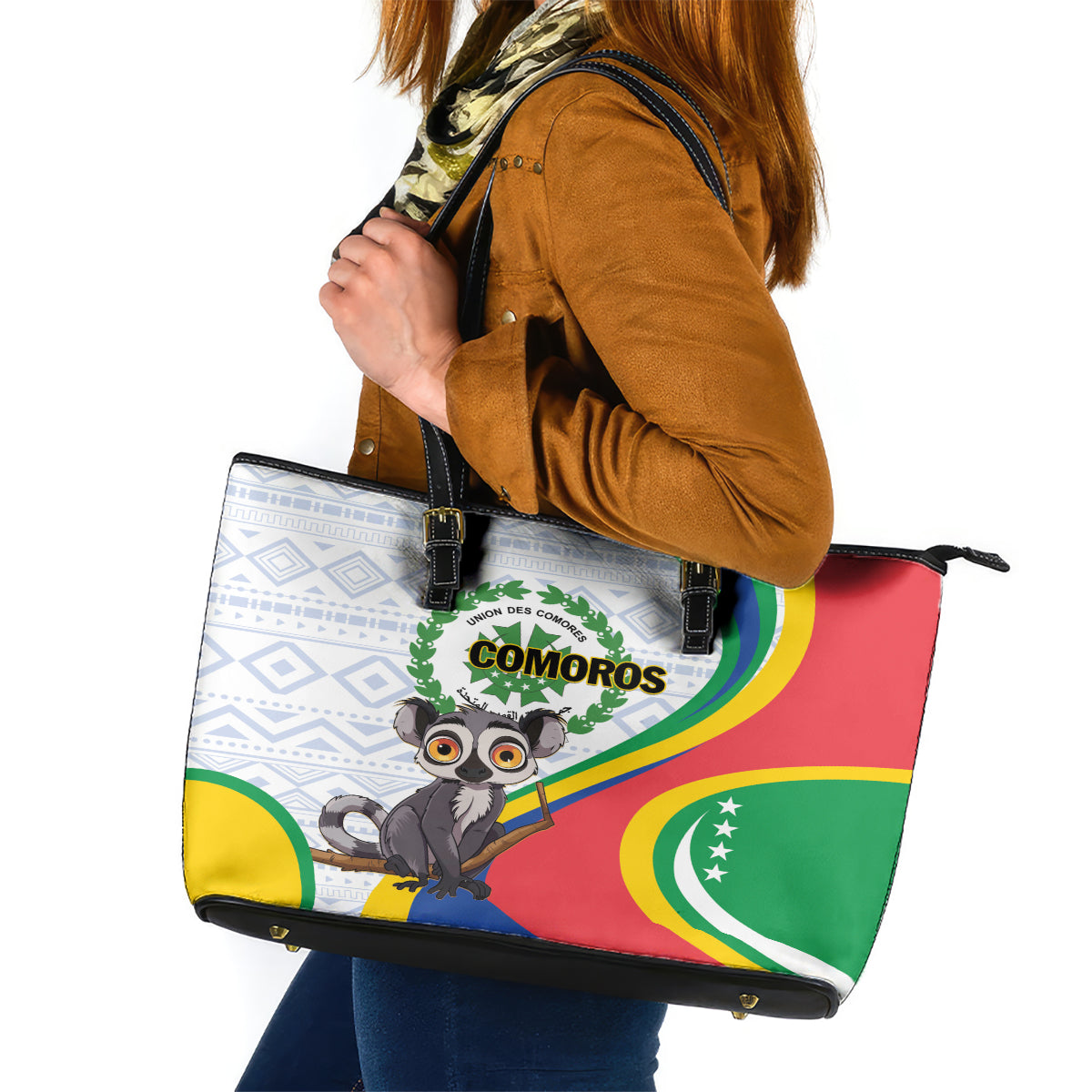 Comoros Independence Day Leather Tote Bag 1975 Komori Mongoose Lemur African Pattern LT01