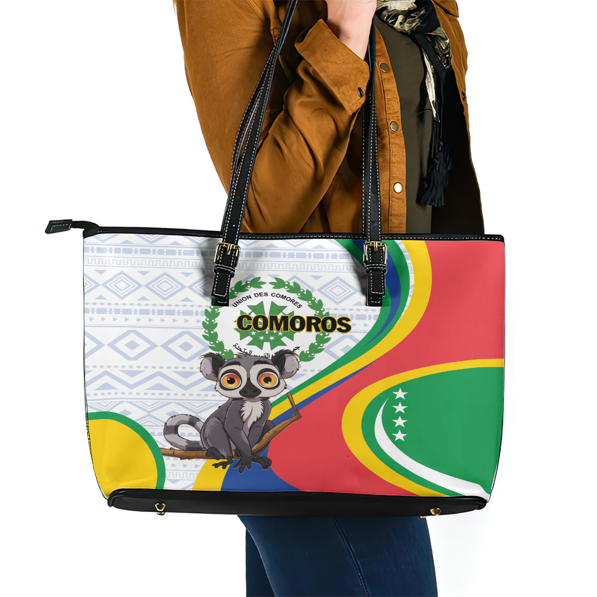 Comoros Independence Day Leather Tote Bag 1975 Komori Mongoose Lemur African Pattern LT01