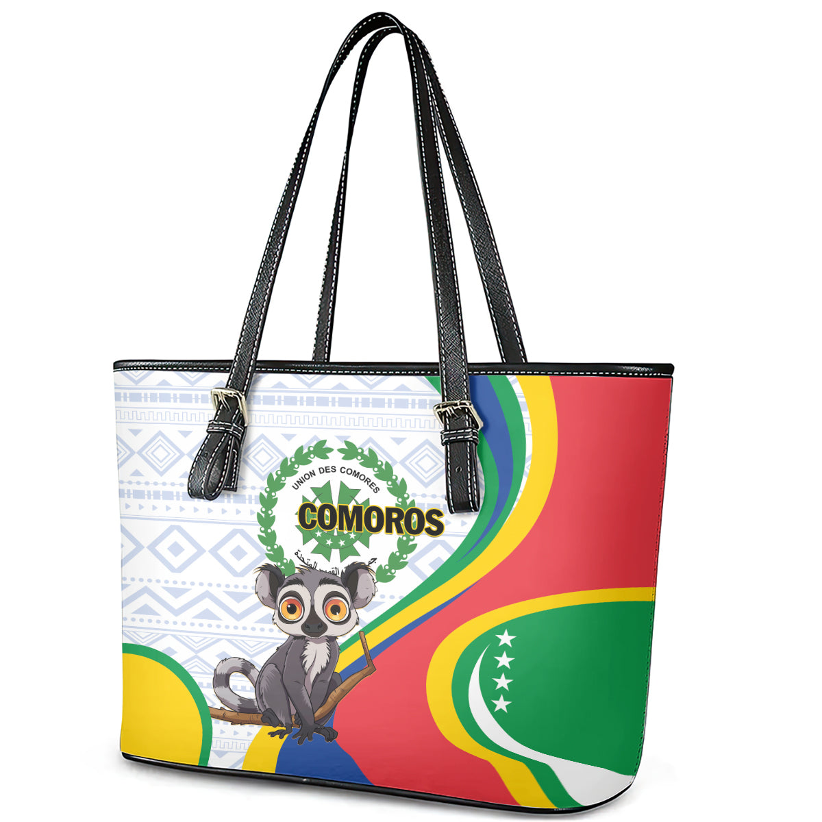 Comoros Independence Day Leather Tote Bag 1975 Komori Mongoose Lemur African Pattern LT01