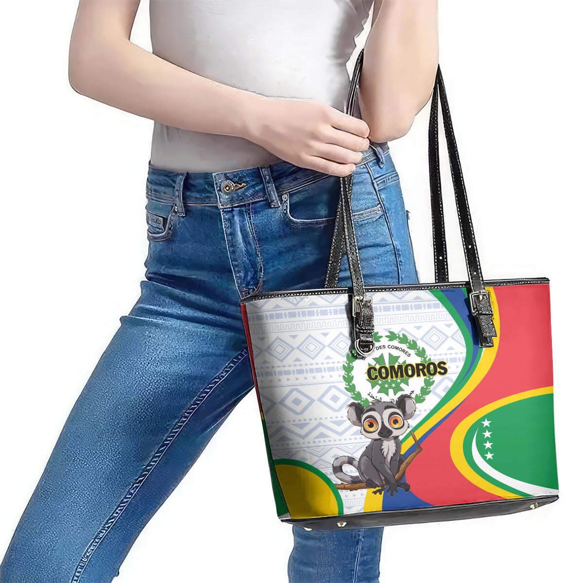 Comoros Independence Day Leather Tote Bag 1975 Komori Mongoose Lemur African Pattern LT01
