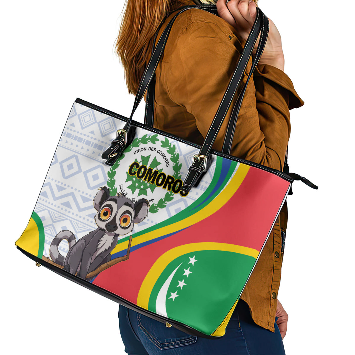 Comoros Independence Day Leather Tote Bag 1975 Komori Mongoose Lemur African Pattern LT01