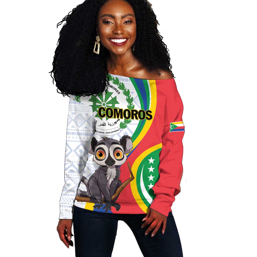 Comoros Off Shoulder Sweater 1975 Komori Mongoose Lemur African Pattern LT01