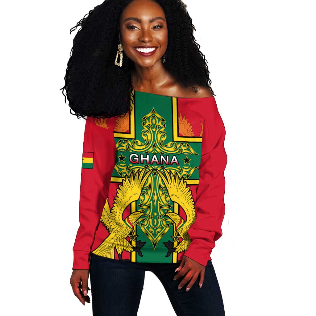 Custom Ghana Off Shoulder Sweater with Cross of Saint George and Tawny Eagles LT01