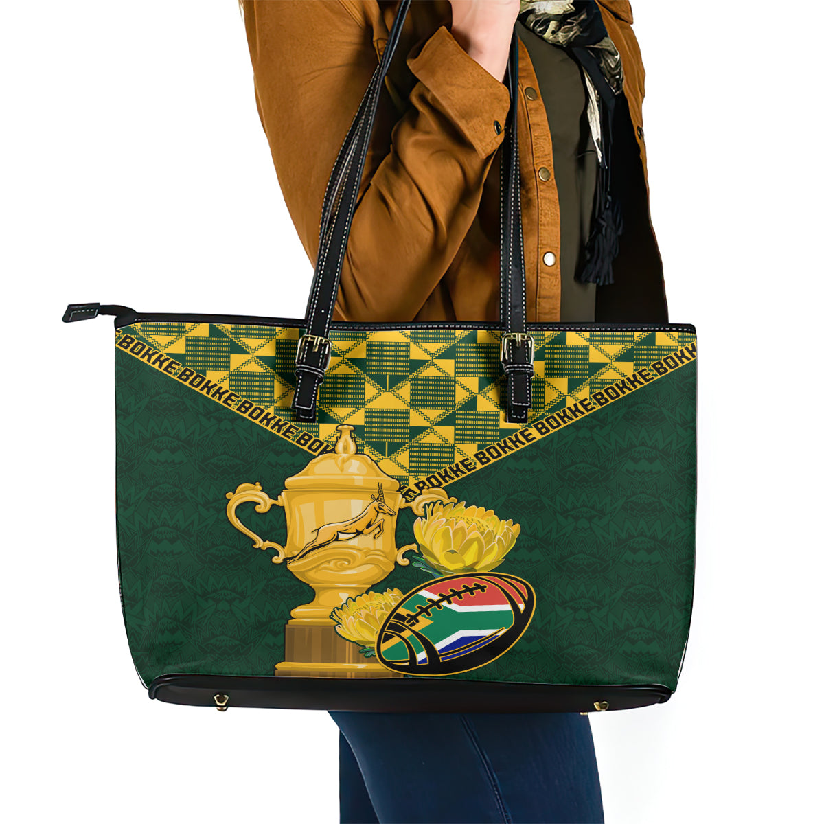 Custom South Africa Rugby Leather Tote Bag Go Bokke Champion 2023 World Cup LT01