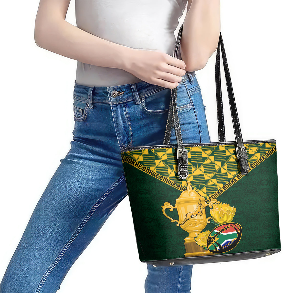 Custom South Africa Rugby Leather Tote Bag Go Bokke Champion 2023 World Cup LT01