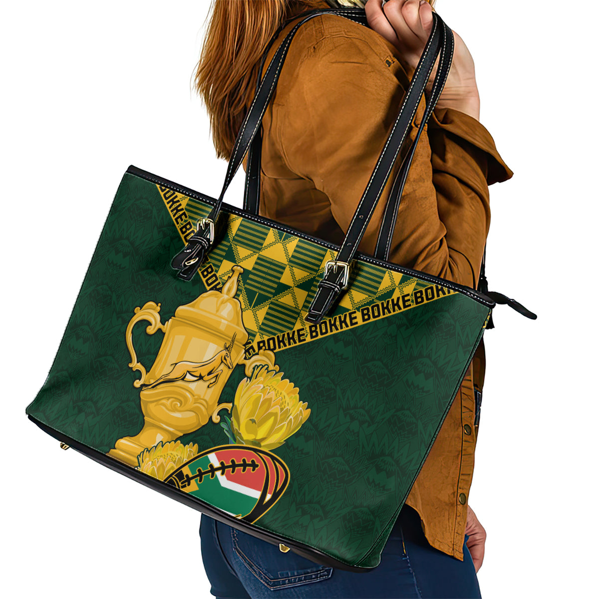 Custom South Africa Rugby Leather Tote Bag Go Bokke Champion 2023 World Cup LT01