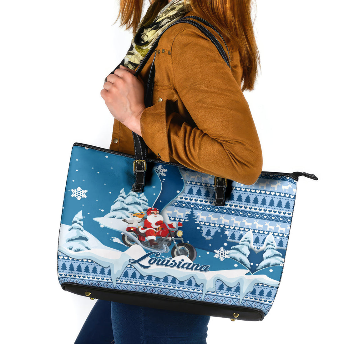 Custom Louisiana Christmas Leather Tote Bag Santa Claus Riding Motorcycle With Pelican LT01