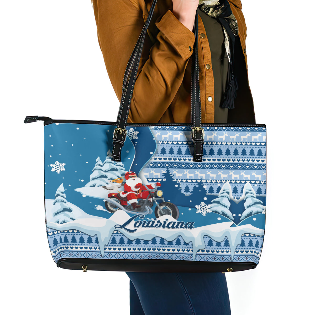 Custom Louisiana Christmas Leather Tote Bag Santa Claus Riding Motorcycle With Pelican LT01