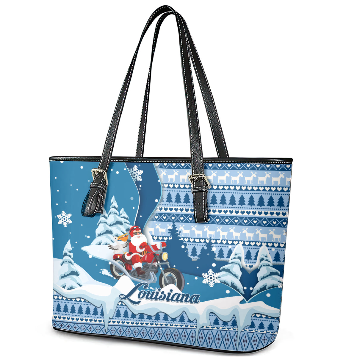 Custom Louisiana Christmas Leather Tote Bag Santa Claus Riding Motorcycle With Pelican LT01