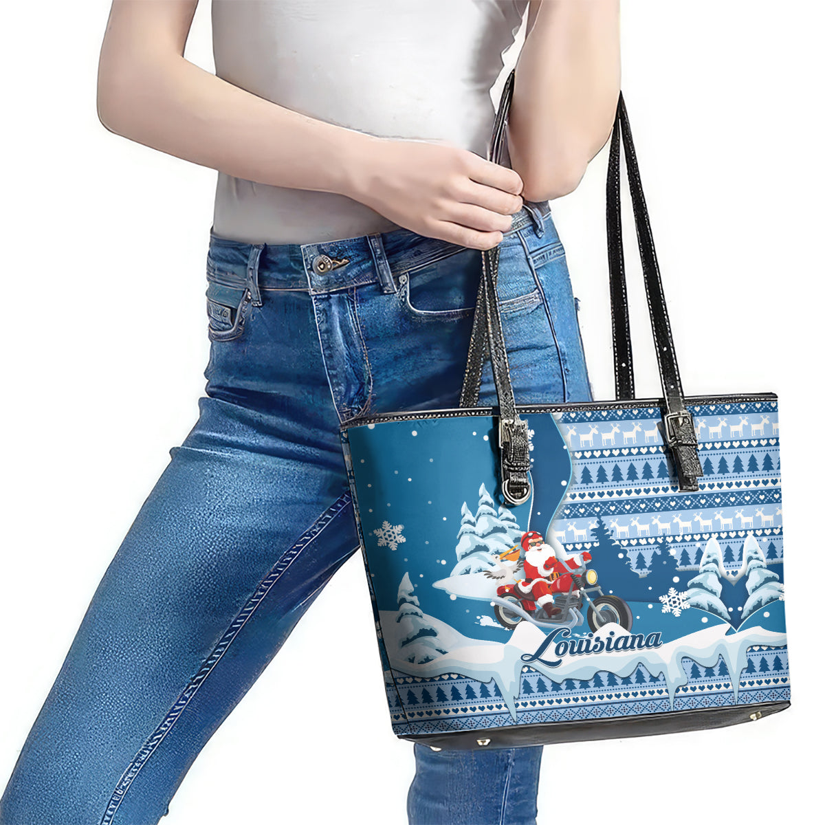 Custom Louisiana Christmas Leather Tote Bag Santa Claus Riding Motorcycle With Pelican LT01