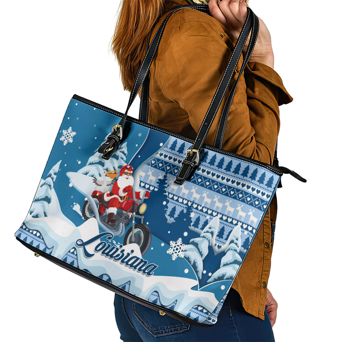 Custom Louisiana Christmas Leather Tote Bag Santa Claus Riding Motorcycle With Pelican LT01