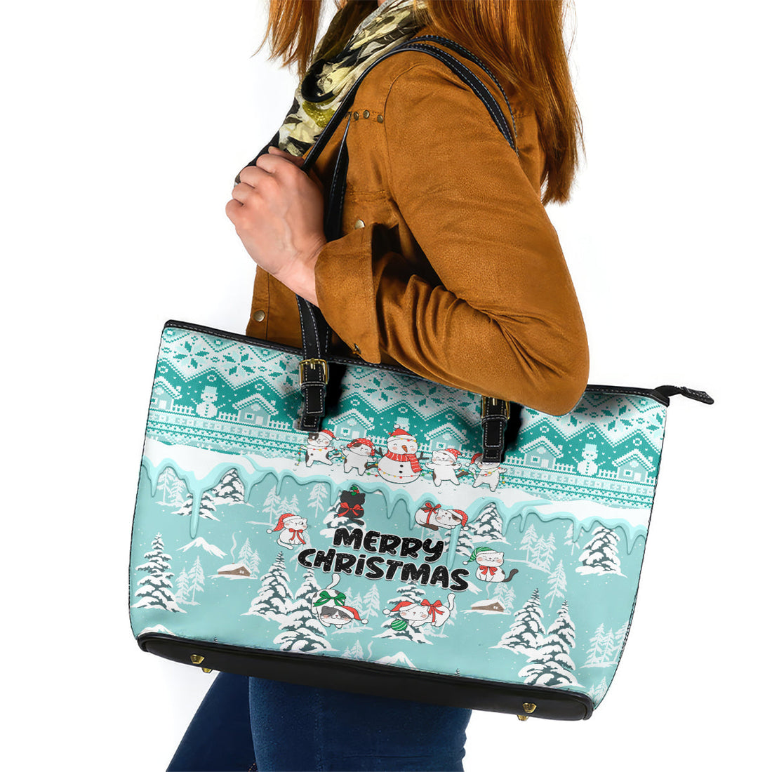 Custom Cat Christmas Leather Tote Bag Cat With Snowman In Winter Scene LT01