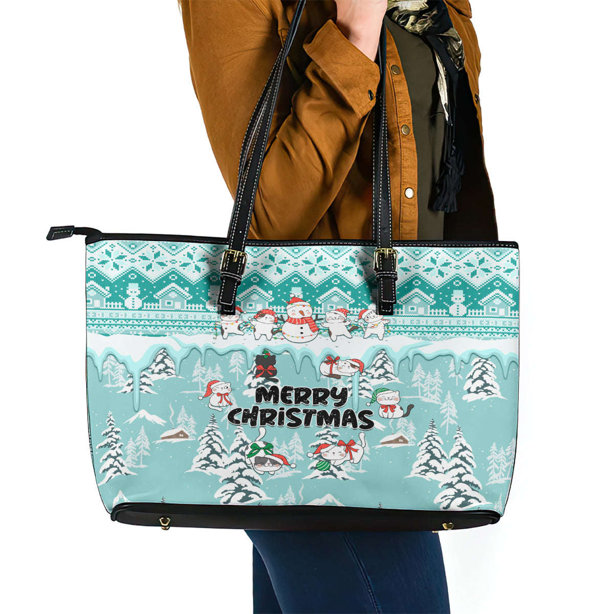 Custom Cat Christmas Leather Tote Bag Cat With Snowman In Winter Scene LT01