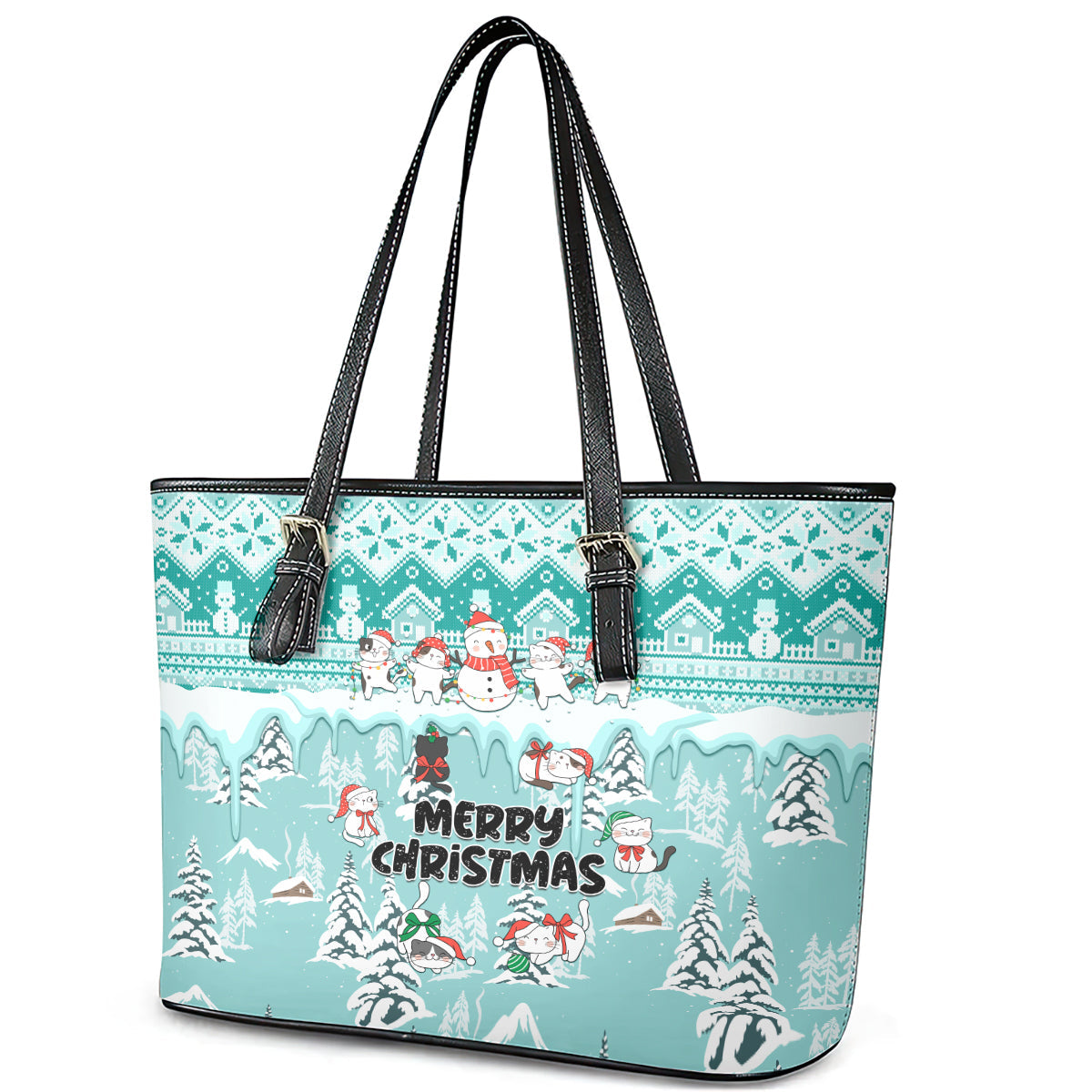 Custom Cat Christmas Leather Tote Bag Cat With Snowman In Winter Scene LT01