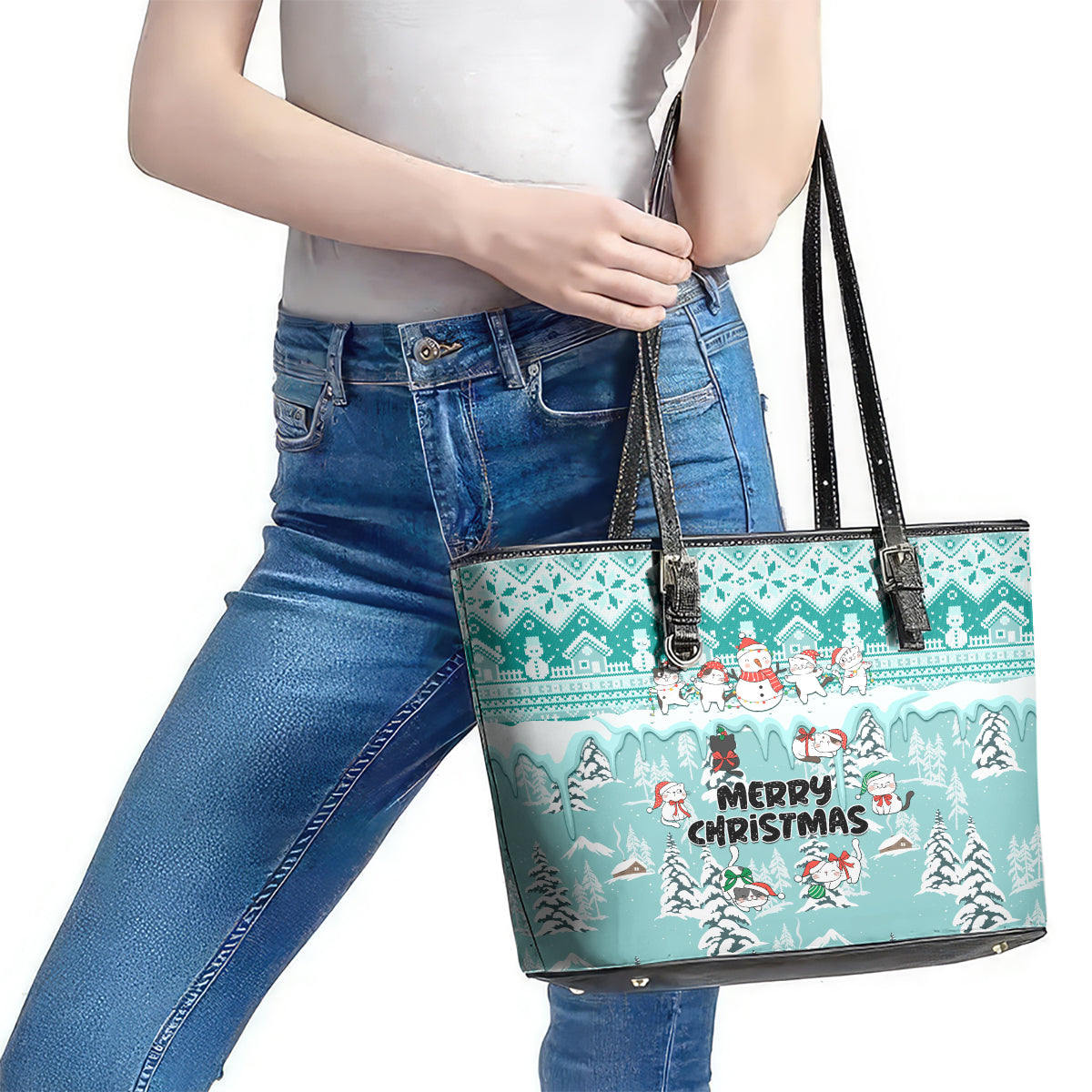 Custom Cat Christmas Leather Tote Bag Cat With Snowman In Winter Scene LT01