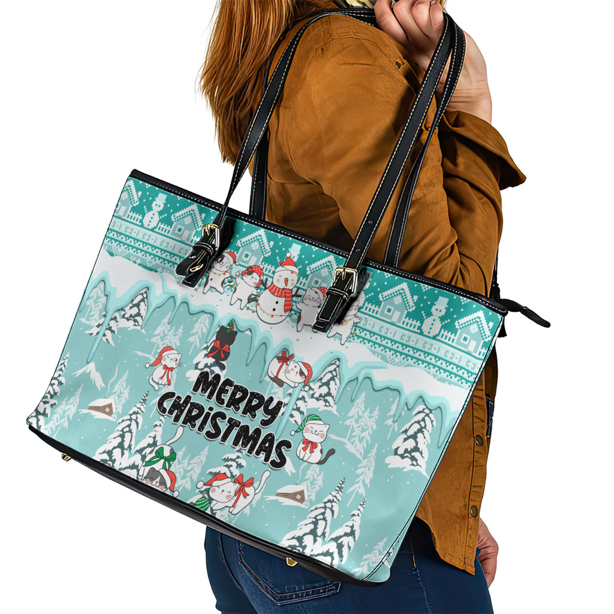 Custom Cat Christmas Leather Tote Bag Cat With Snowman In Winter Scene LT01