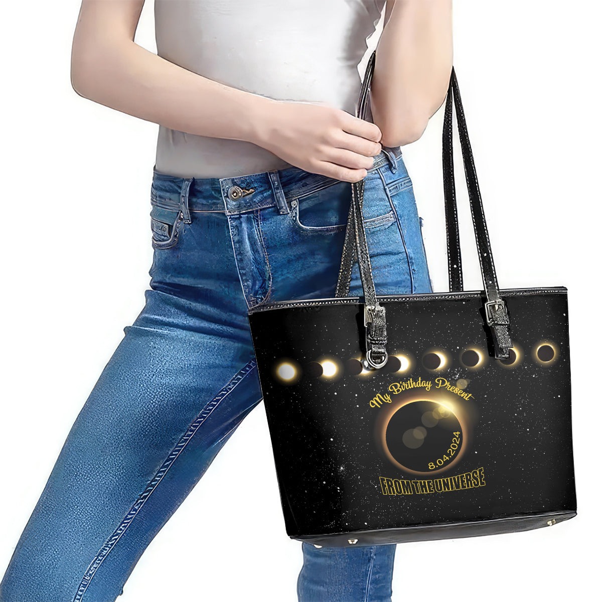 Total Solar Eclipse 2024 Leather Tote Bag My Birthday Present From The Universe LT01